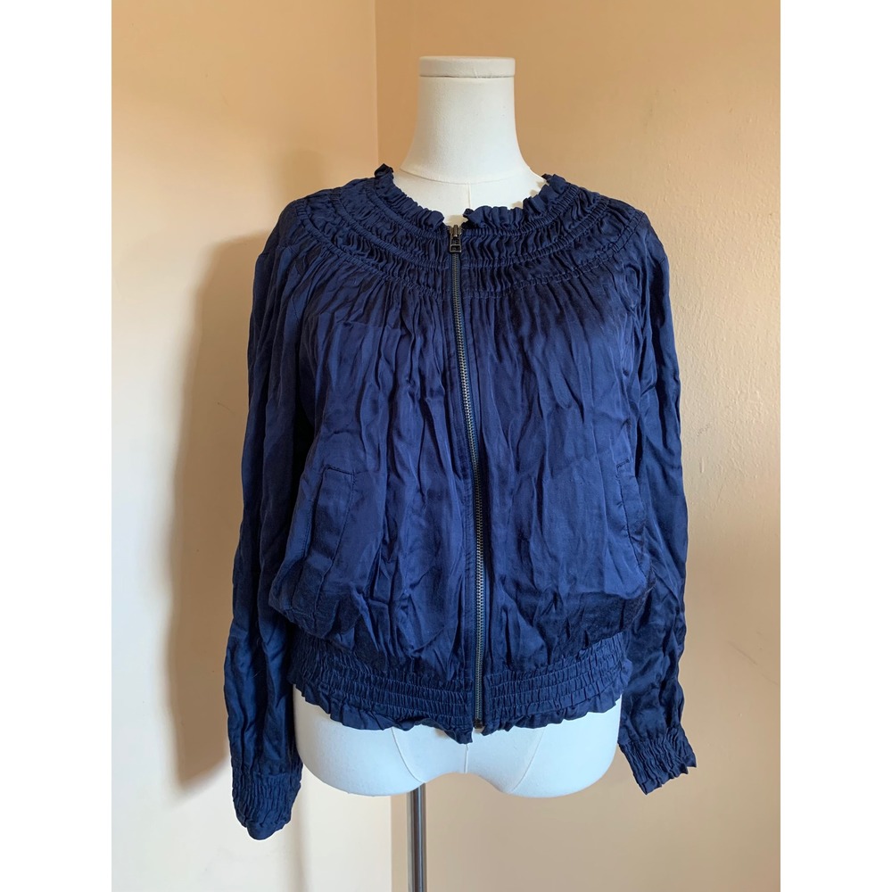 Love Sam Womens Navy Blue Silk Embroidered Bomber Jacket Smocked Medium